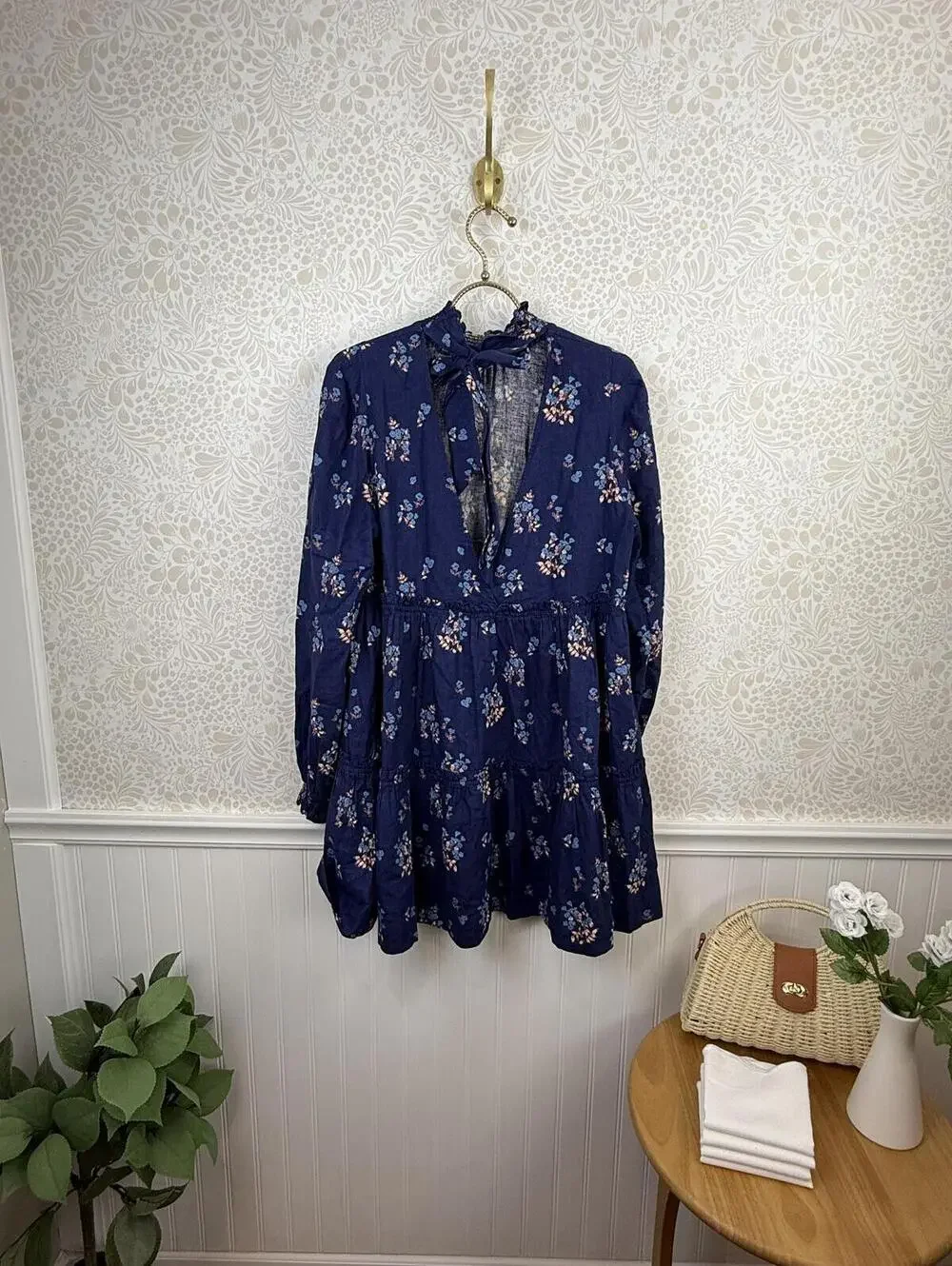 Free People Indigo Linen Blend Petit Fours Floral Mini Dress - Size - Small